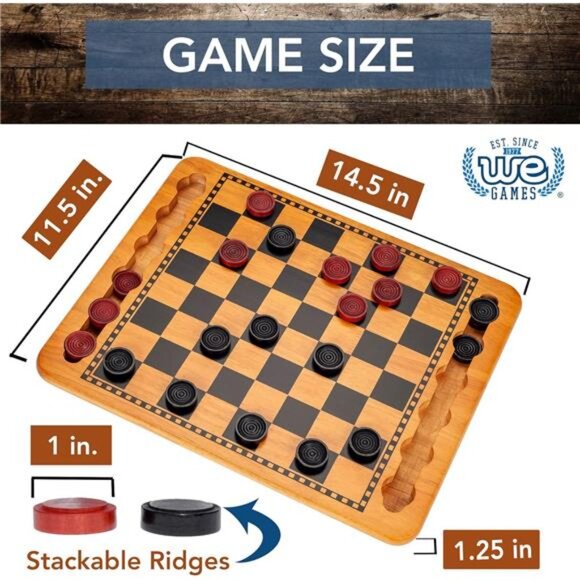 Games Solid Wood Red and Black Checkers Board Game Set with Inset Grooves - Picture 5 of 7